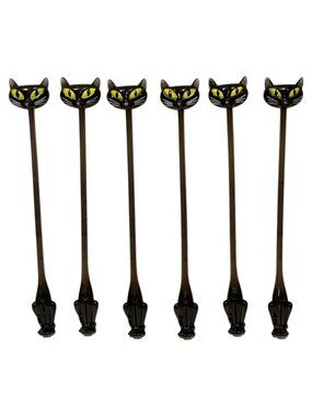 Black Cat Cocktail Swizzle Sticks Y2K Vintage SET of 6